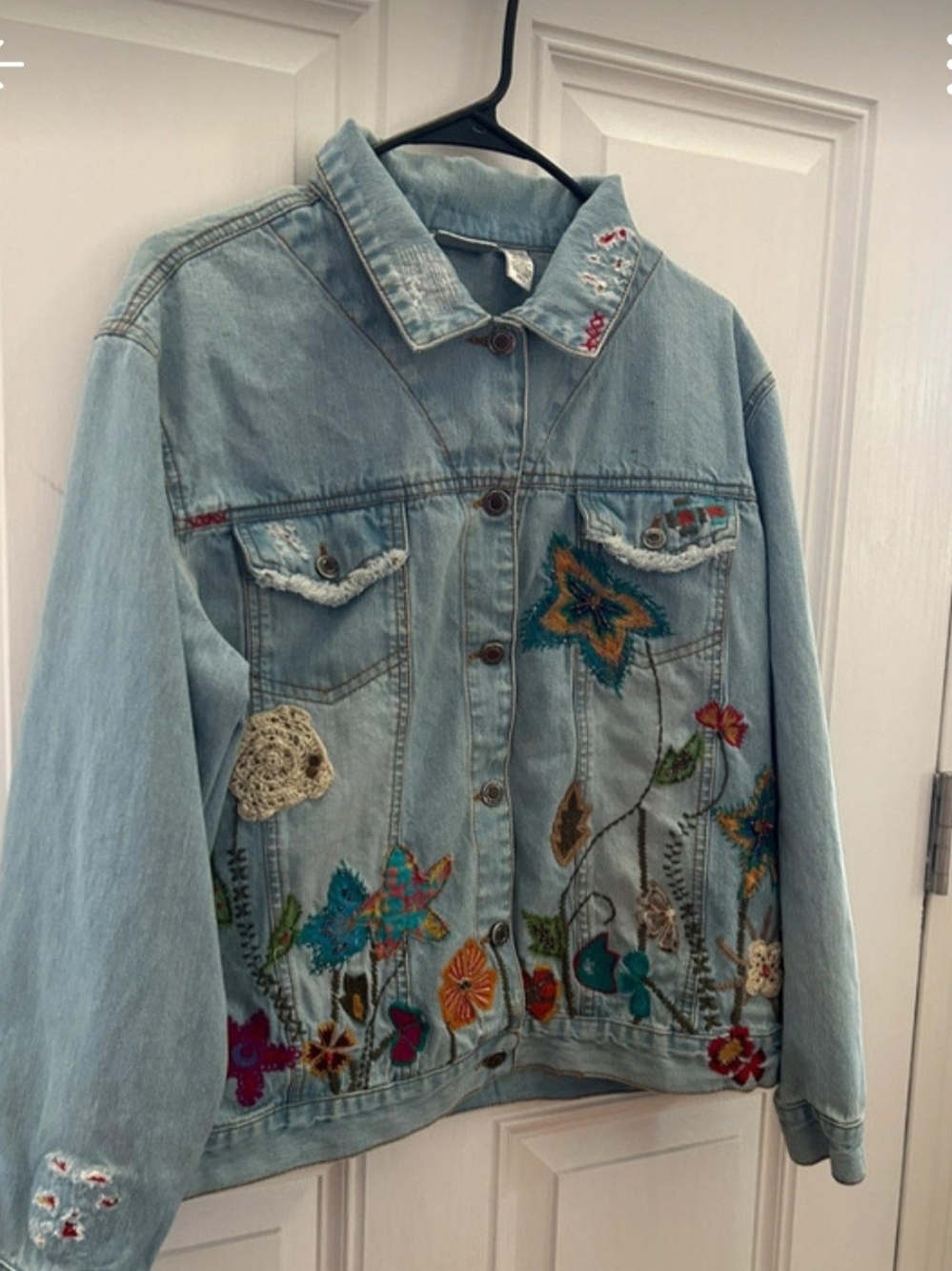 Chico's Light Blue Embroidered Denim Jacket with Floral Appliqué-Size Large